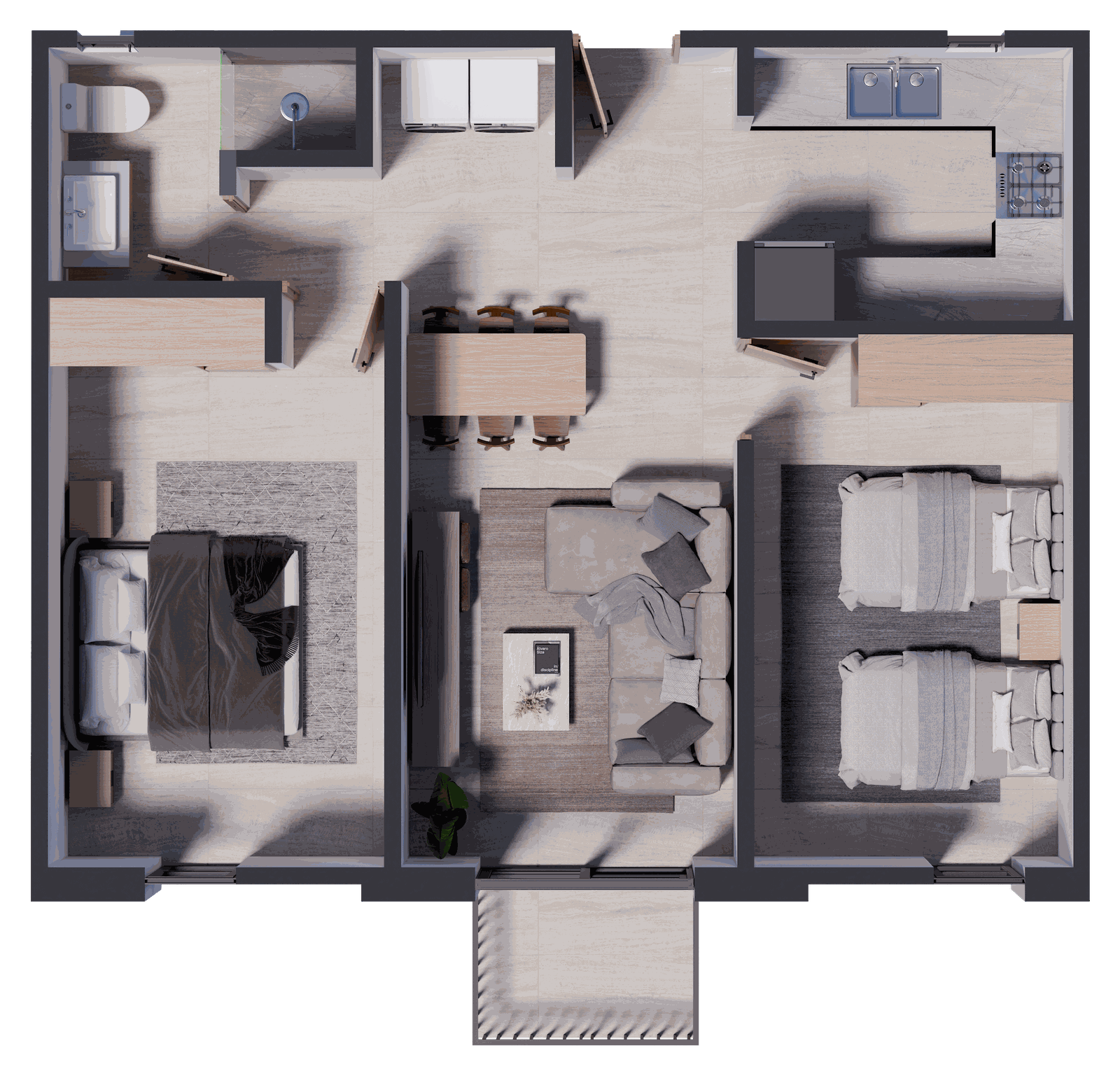Plano del departamento: dos recámaras, sala-comedor, cocina, baño completo, área de lavado y balcón